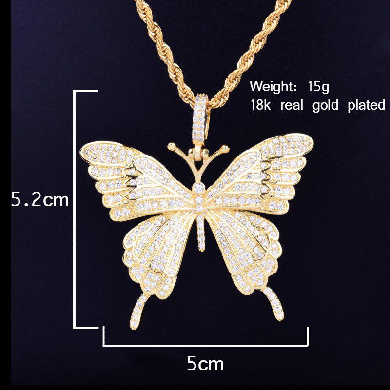 Iced Out Animal Butterfly Necklace Pendant | Gold Color Hip Hop Rock Jewelry | Men & Women